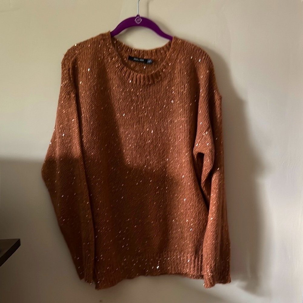 🐻🪩🔥Brown/Peach;dark peach 🤷🏼‍♀️ Knit Sweater with Sparkle Accents